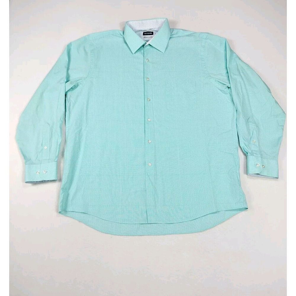 Van Heusen Dress Shirt Mens 17 Green Air Stretch Flip Cuffs Corpcore Casual